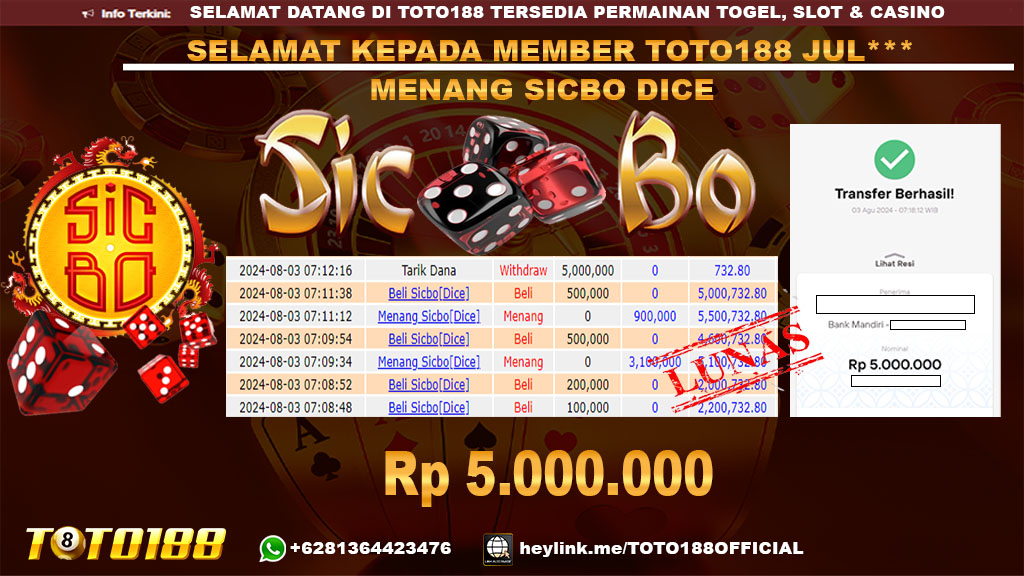 Bukti JP Kemenangan SICBO DICE 03 agust 2024