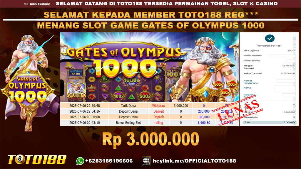 Bukti JP Kemenangan SLOT GAME GATES OF OLYMPUS 1000 06 JUL 25